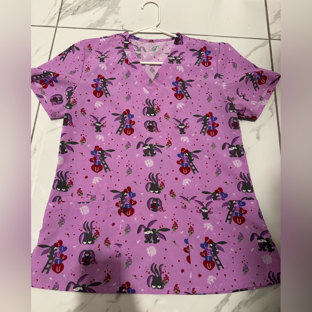 Purple Bunny Print Scrub Top